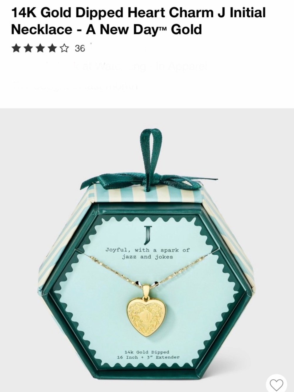 *new* a new day Gold Heart Initial 'J' Necklace